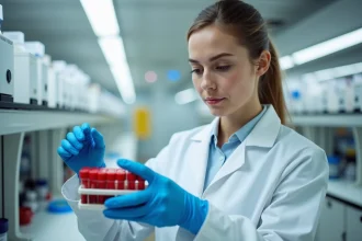 Technicienne de laboratoire manipulant des tubes de prélèvement sanguin pour analyser les transaminases SGOT