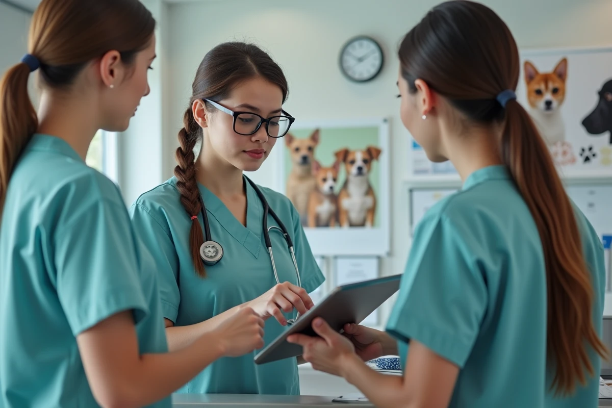 Jeune technicienne v&eacute;t&eacute;rinaire montre une erreur sur tablette