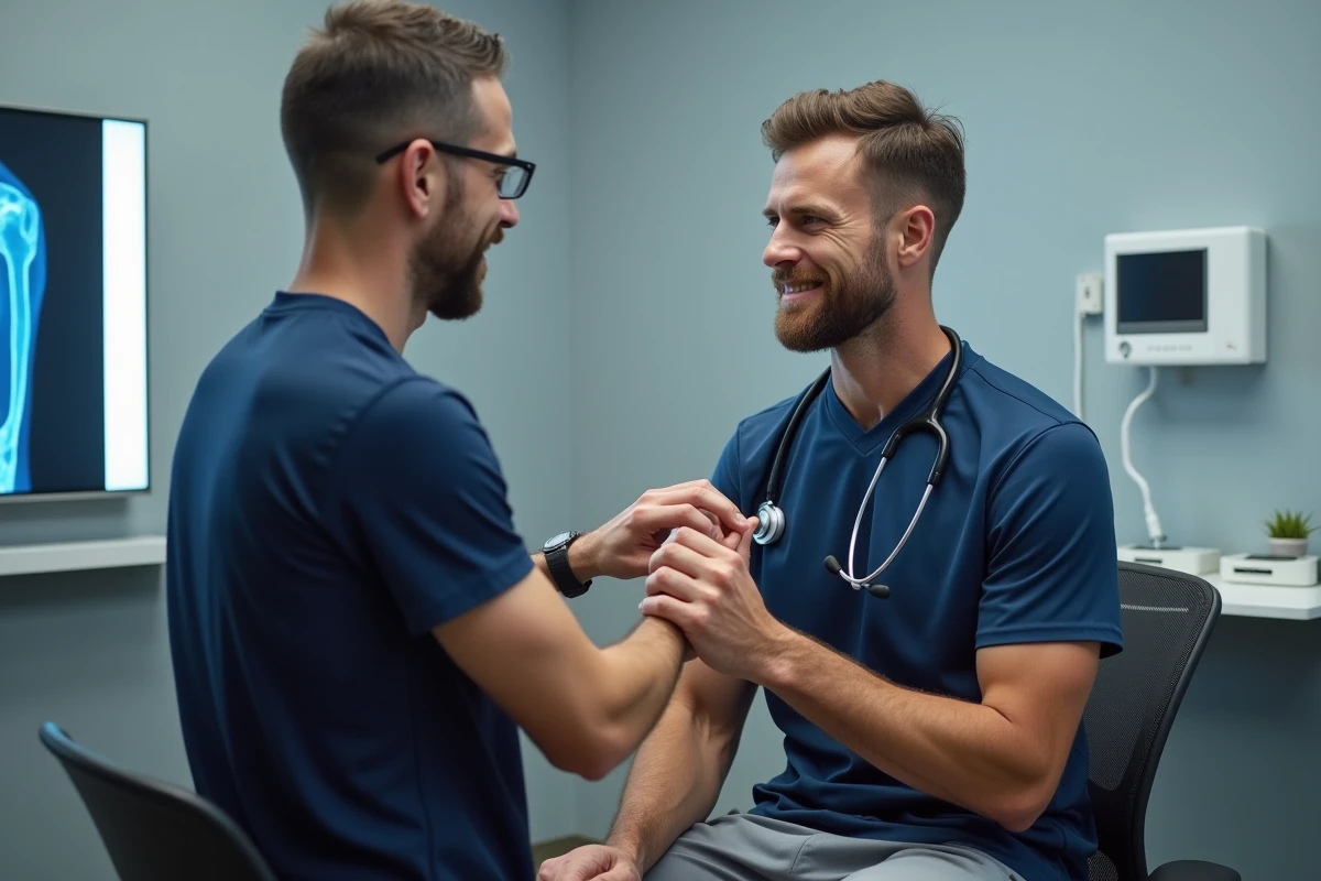 Médecin rhumatologue évaluant une tendinite de l'épaule chez un sportif à Nîmes