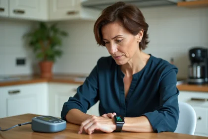 Femme d'âge moyen consultant son tensiomètre connecté sous forme de montre dans une cuisine, illustrant le suivi médical quotidien à domicile
