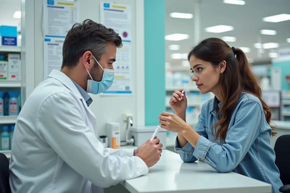 Femme réalisant un test rapide antigénique en pharmacie avec l'assistance d'un pharmacien à Gardanne