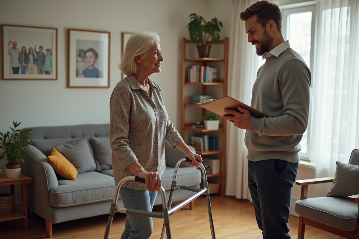 Jeune ergothérapeute observant une femme utilisant un déambulateur