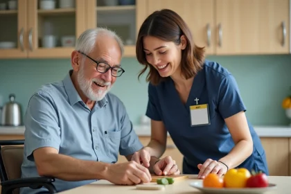 &Eacute;tudiante en th&eacute;rapie occupationnelle aidant un senior