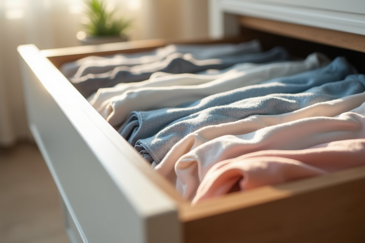 Tiroir de linge ordonne avec sous-vêtements propres dans une chambre lumineuse