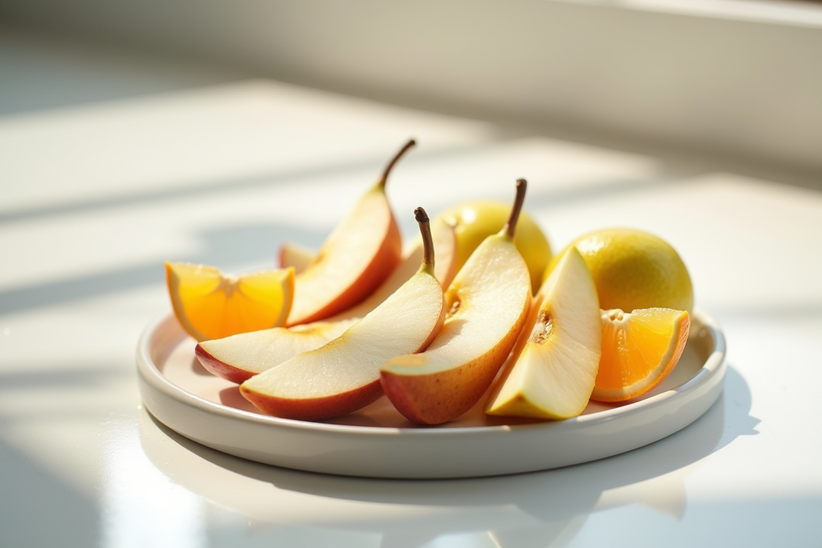 Assiette de tranches de pommes, poires et mandarines lumineuses