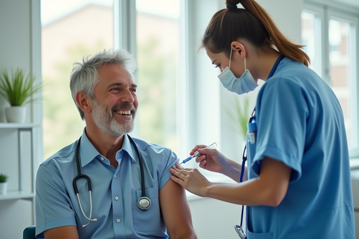 Adult souriant recevant une vaccination dans une clinique lumineuse