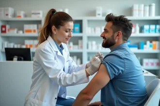 Pharmacienne administrant un vaccin à un patient adulte dans une pharmacie de Gardanne sans rendez-vous