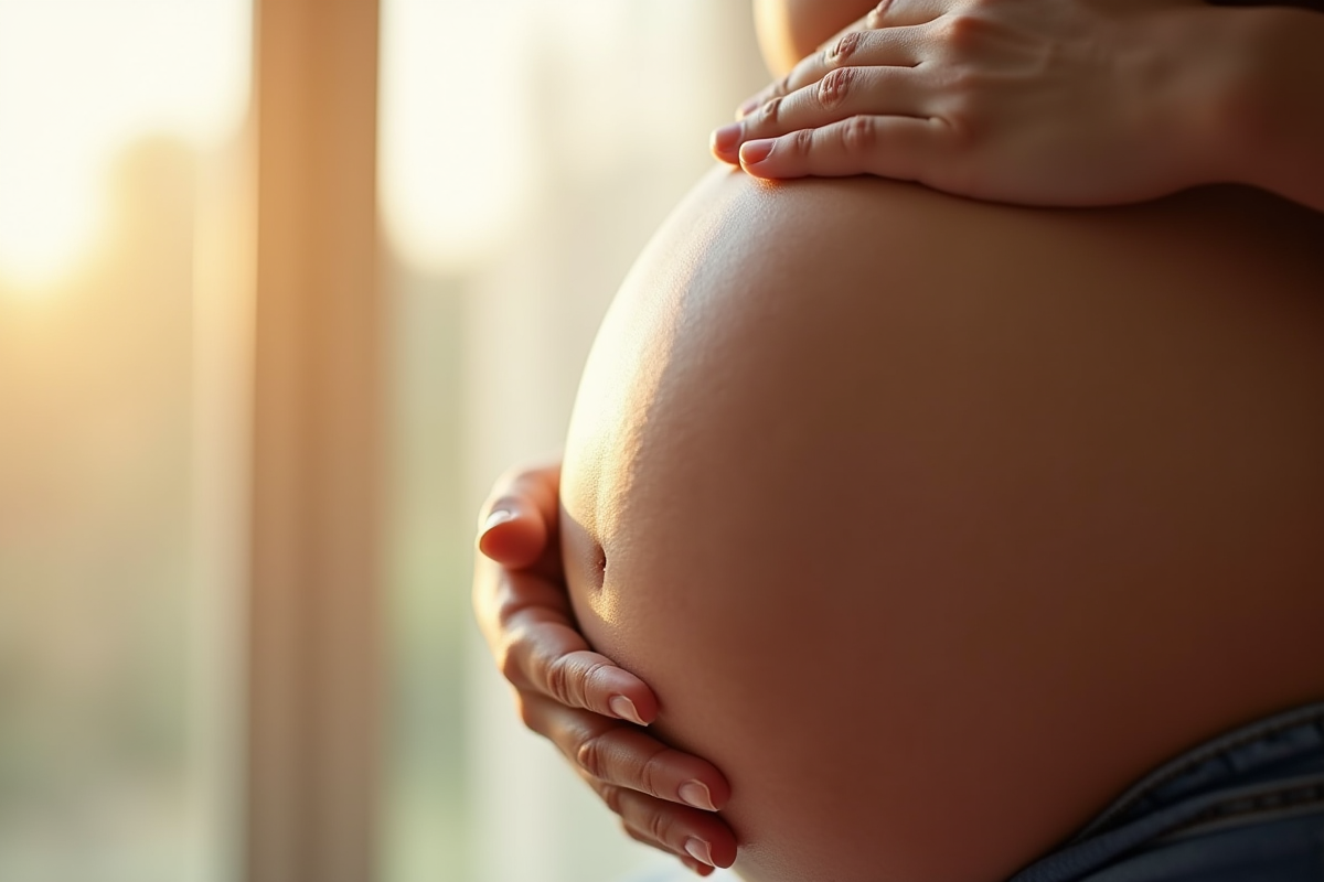 Mains sur ventre de femme enceinte en lumière naturelle