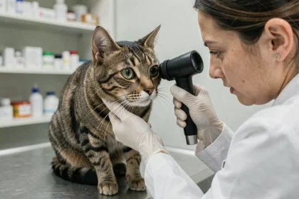 Vétérinaire examinant les yeux d'un chat tabby aux pupilles dilatées sur une table d'examen clinique