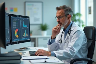 Vétérinaire homme en blouse blanche examine logiciel